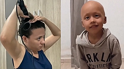 Mulher raspa a cabeça para apoiar o filho com câncer