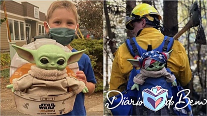 Menino presenteia bombeiros que lutam contra incêndios em seu estado com Baby Yoda fofinho. (Foto: Facebook/Baby yoda fights fires)
