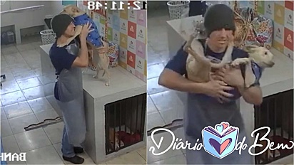 Funcionário é flagrado por câmera de segurança dançando com cachorro em pet shop.